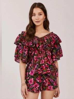 Something Navy Felix Ruffle Top Shorts Set Off-Shoulder Fuchsia Floral Cotton M